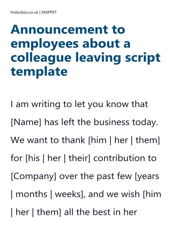 Preview snippet of Announcement to employees about a colleague leaving script template content