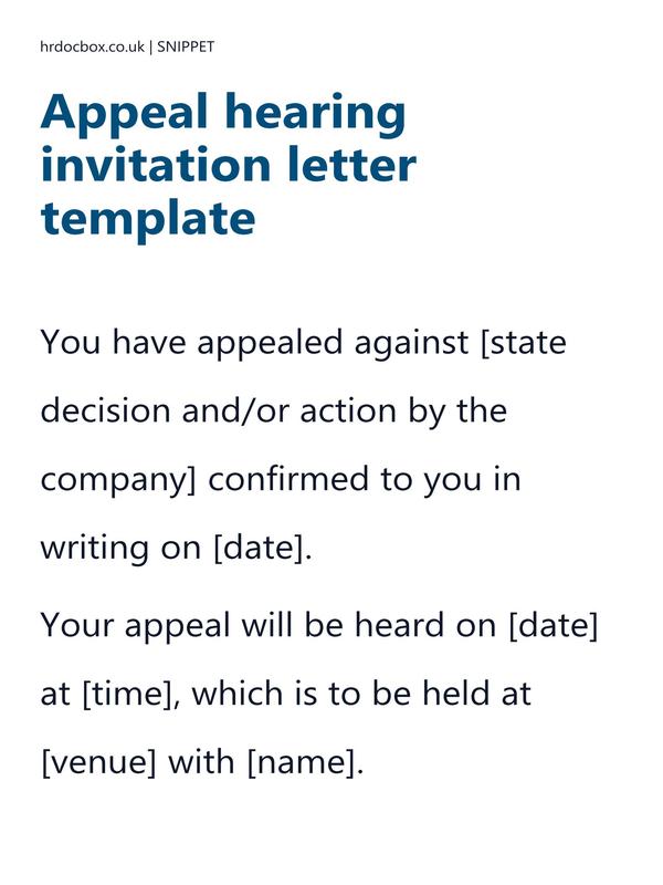 Preview snippet of appeal hearing invitation letter template content