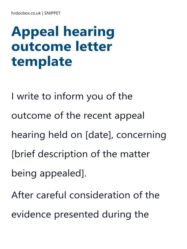Preview snippet of Appeal hearing outcome letter template content