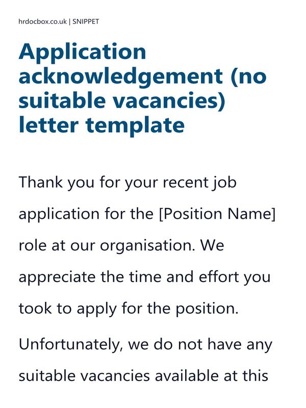 Preview snippet of Application acknowledgement (no suitable vacancies) letter template content