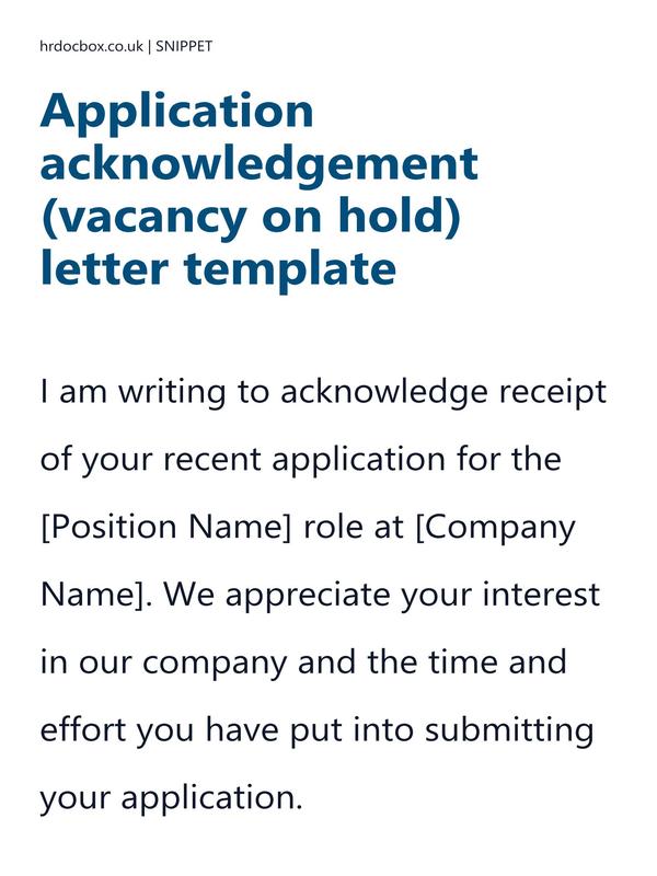 Preview snippet of Application acknowledgement (vacancy on hold) letter template content