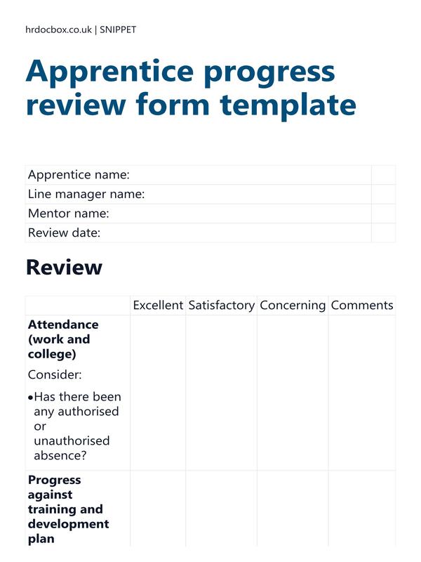 Preview snippet of Apprentice progress review form template content