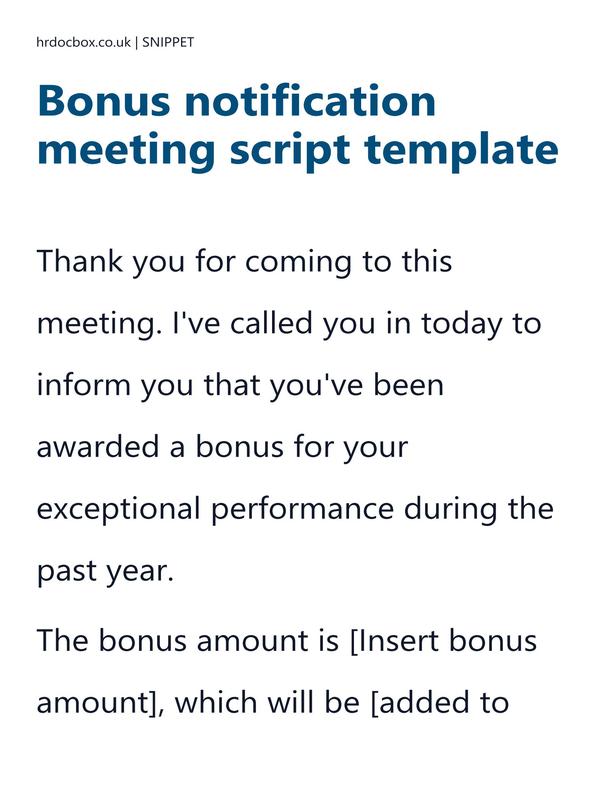 Preview snippet of Bonus notification meeting script template content
