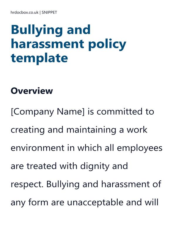 Preview snippet of bullying and harassment policy template content