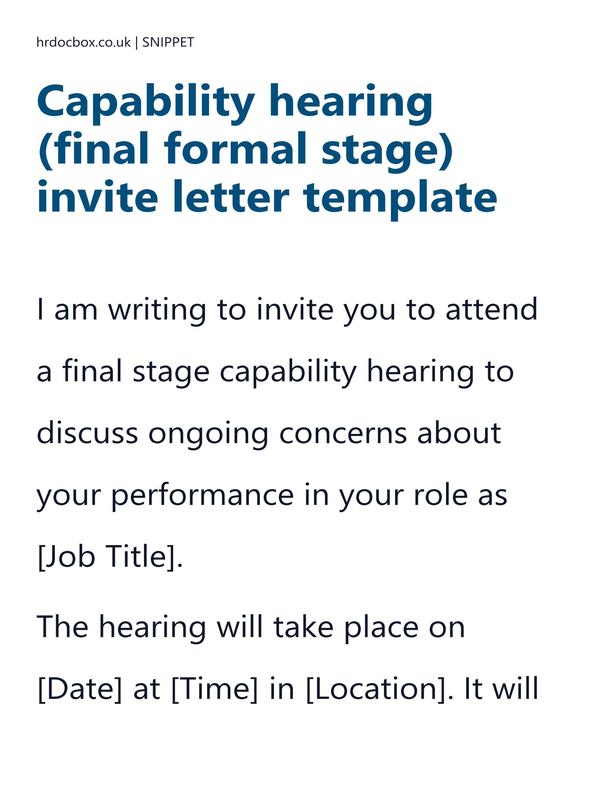 Preview snippet of capability hearing (final formal stage) invite letter template content