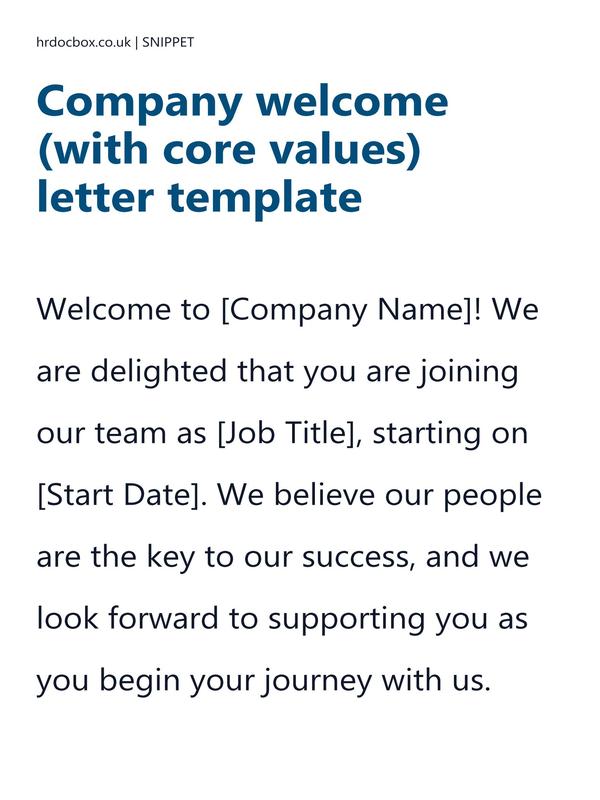 Preview snippet of Company welcome (with core values) letter template content