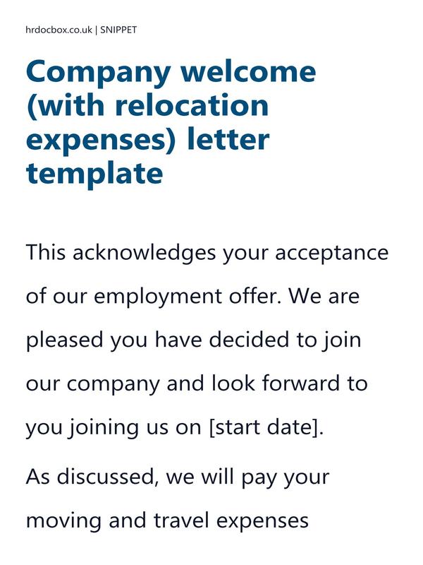 Preview snippet of company welcome (with relocation expenses) letter template content