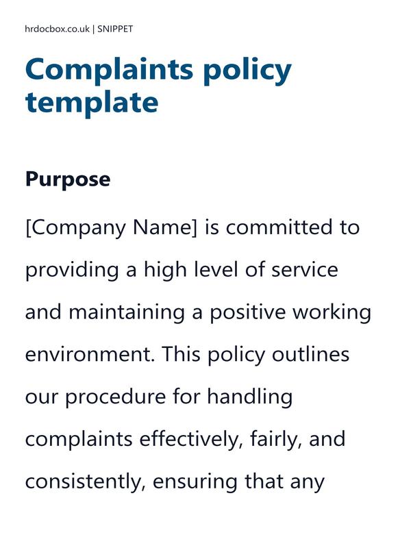 Preview snippet of complaints policy template content