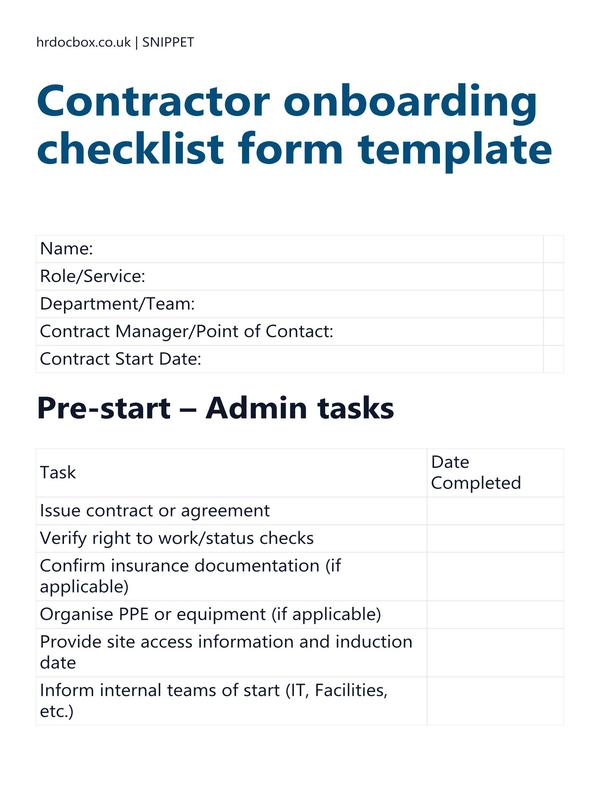 Preview snippet of Contractor onboarding checklist form template content