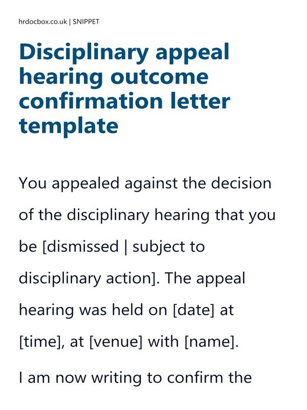 Preview snippet of disciplinary appeal hearing outcome confirmation letter template content
