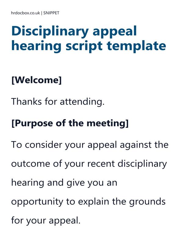 Preview snippet of disciplinary appeal hearing script template content