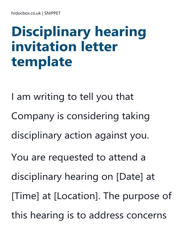 Preview snippet of Disciplinary hearing invitation letter template content