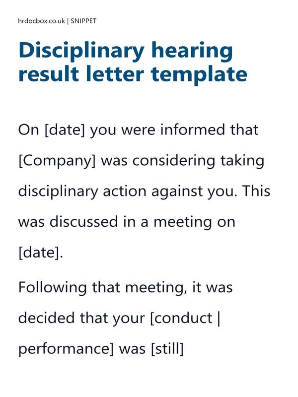 Preview snippet of Disciplinary hearing result letter template content