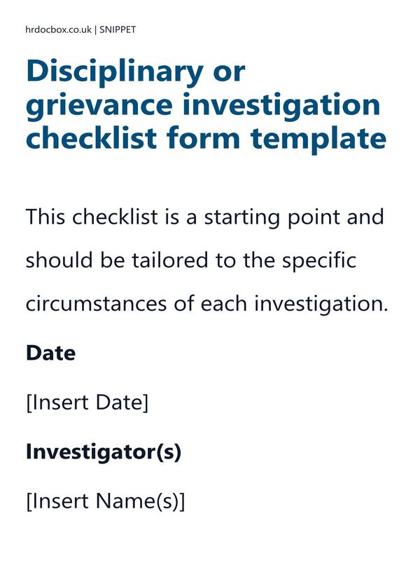 Preview snippet of disciplinary or grievance investigation checklist form template content