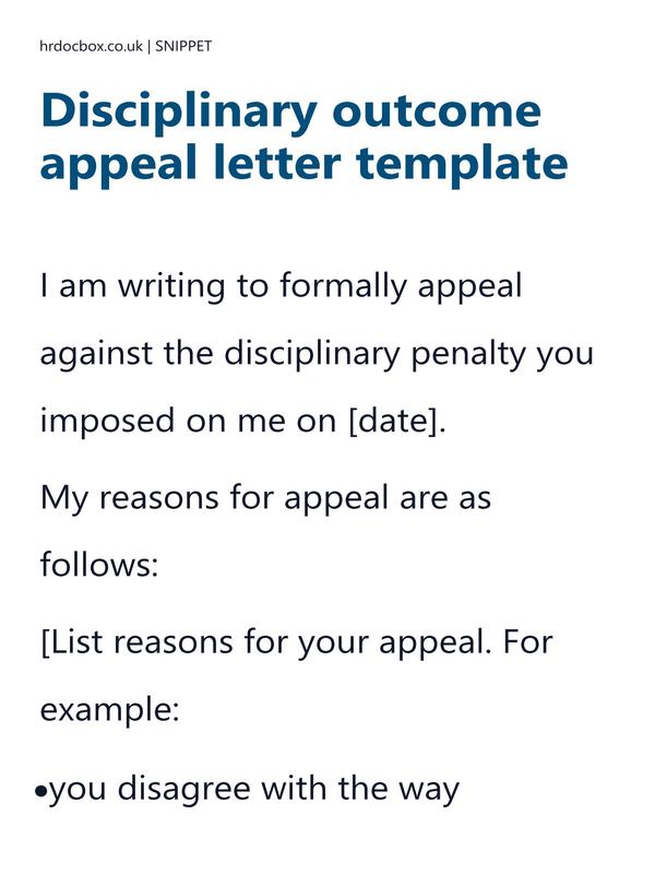Preview snippet of disciplinary outcome appeal letter template content