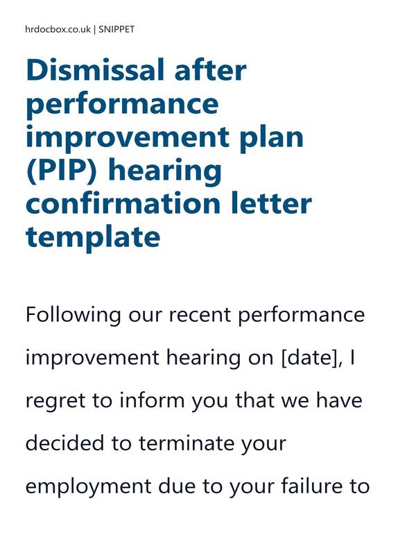 Preview snippet of Dismissal after performance improvement plan (PIP) hearing confirmation letter template content