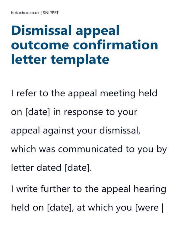Preview snippet of dismissal appeal outcome confirmation letter template content