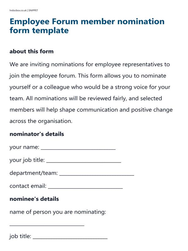 Preview snippet of employee forum member nomination form template content