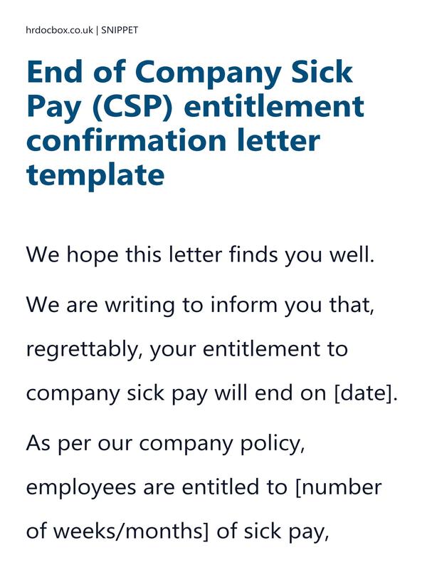 Preview snippet of end of company sick pay (csp) entitlement confirmation letter template content