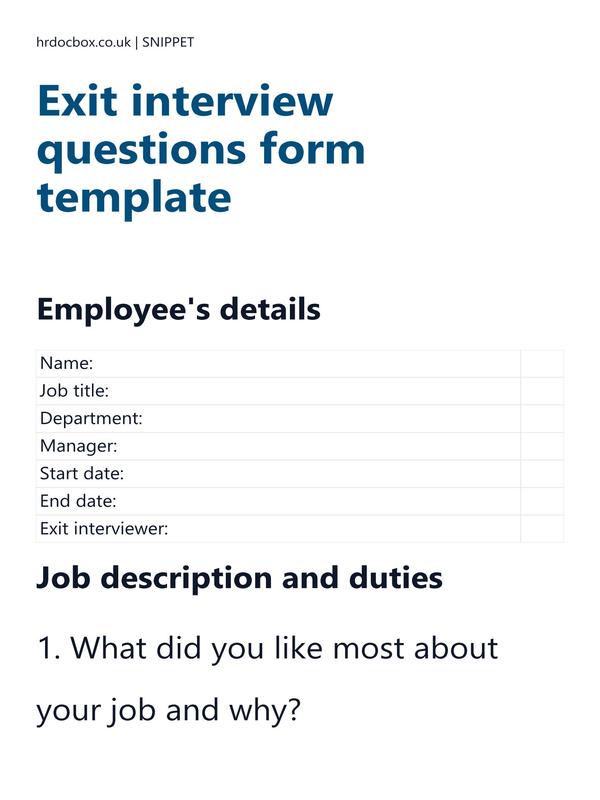 Preview snippet of Exit interview questions form template content