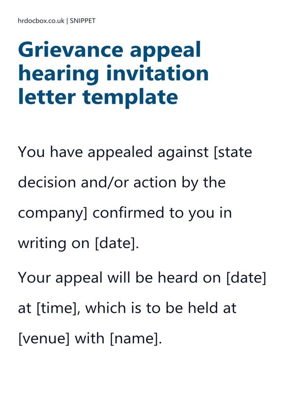 Preview snippet of grievance appeal hearing invitation letter template content