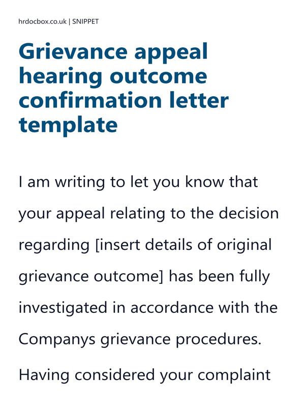 Preview snippet of grievance appeal hearing outcome confirmation letter template content