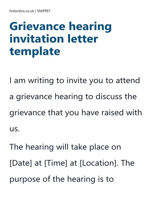 Preview snippet of grievance hearing invitation letter template content