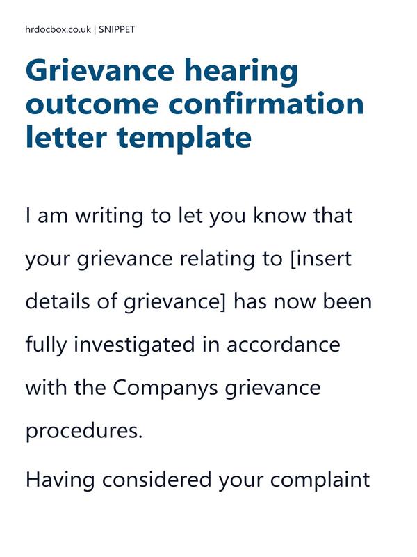 Preview snippet of grievance hearing outcome confirmation letter template content