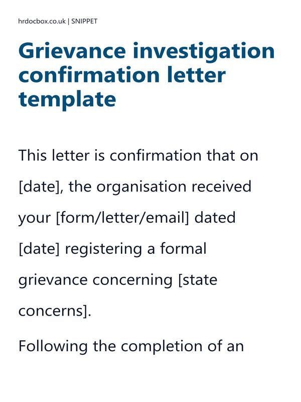 Preview snippet of grievance investigation confirmation letter template content