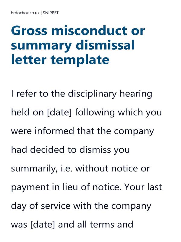 Preview snippet of gross misconduct or summary dismissal letter template content