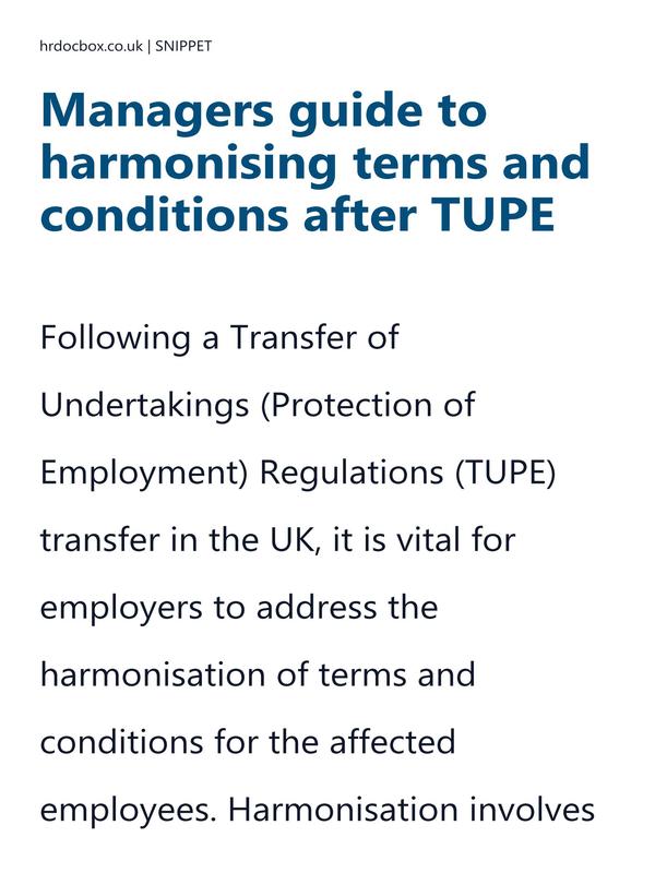 Preview snippet of Managers guide to harmonising terms and conditions after TUPE content
