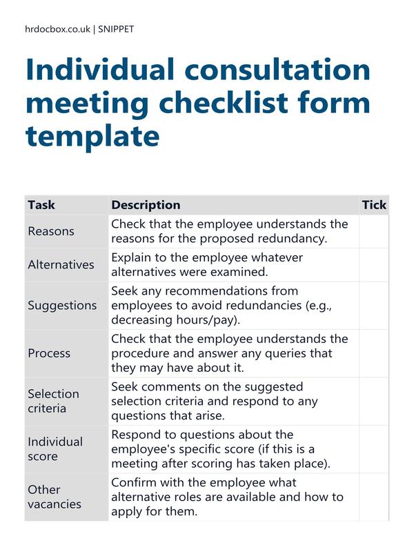 Preview snippet of Individual consultation meeting checklist form template content