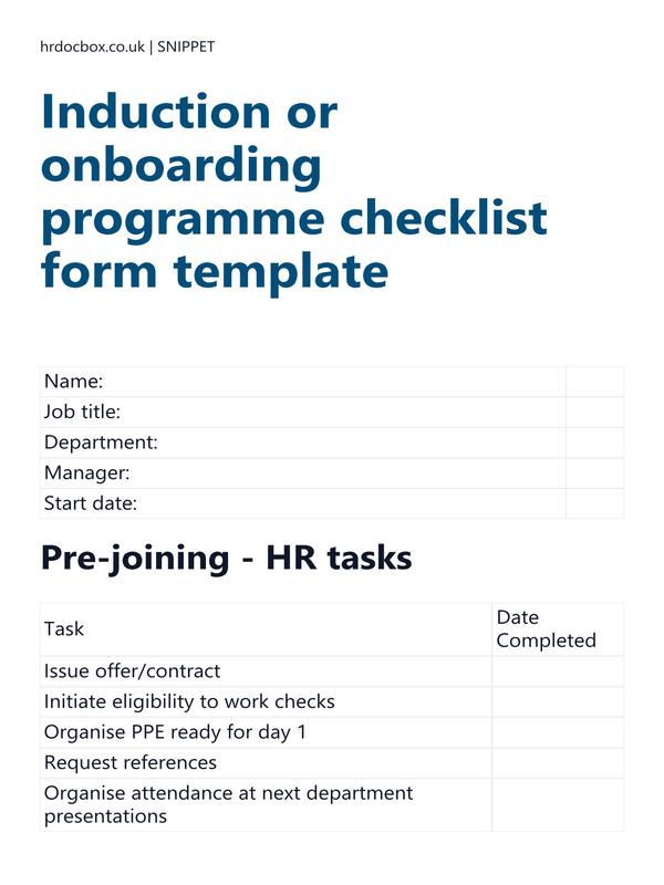 Preview snippet of Induction or onboarding programme checklist form template content
