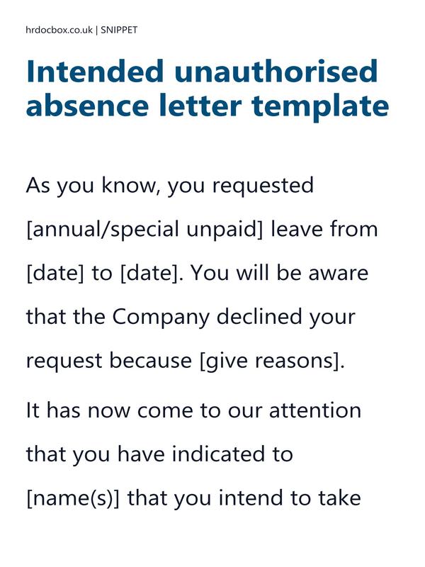 Preview snippet of intended unauthorised absence letter template content