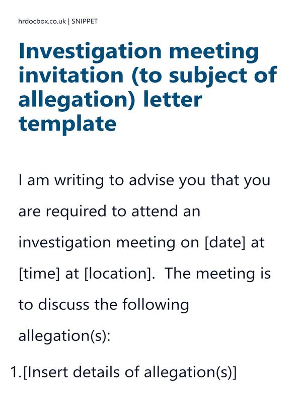 Preview snippet of Investigation meeting invitation (to subject of allegation) letter template content