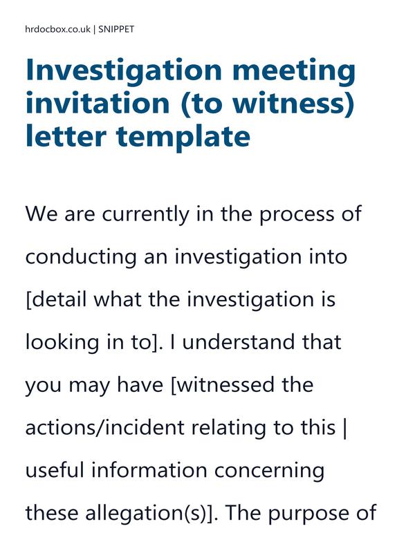 Preview snippet of Investigation meeting invitation (to witness) letter template content