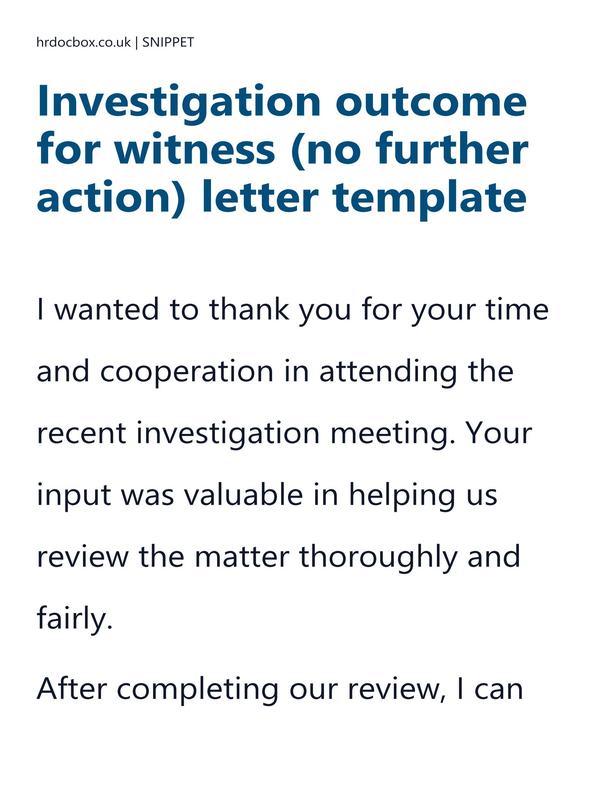 Preview snippet of Investigation outcome for witness (no further action) letter template content