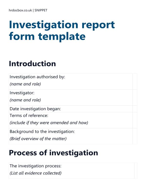 Preview snippet of investigation report form template content