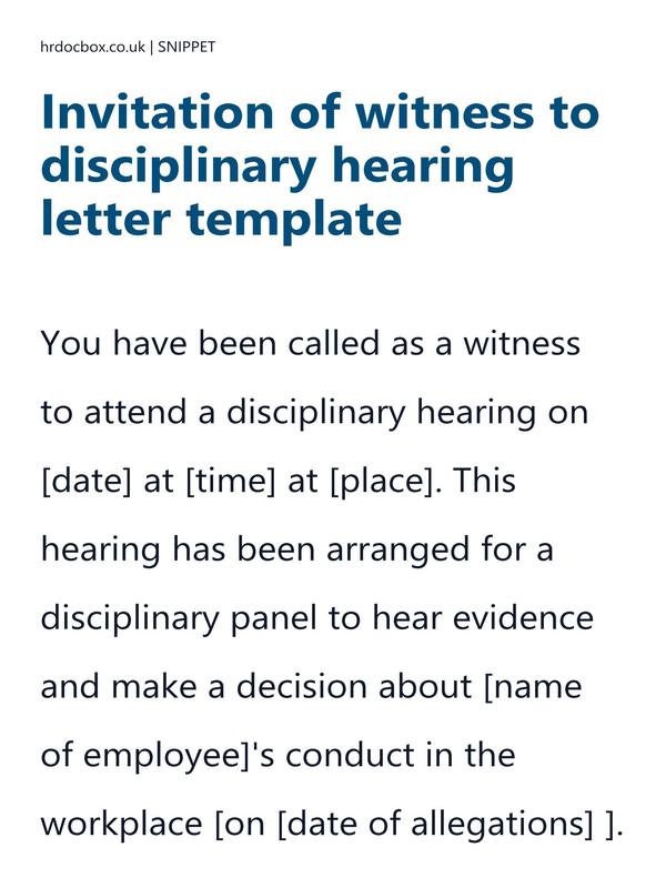 Preview snippet of Invitation of witness to disciplinary hearing letter template content