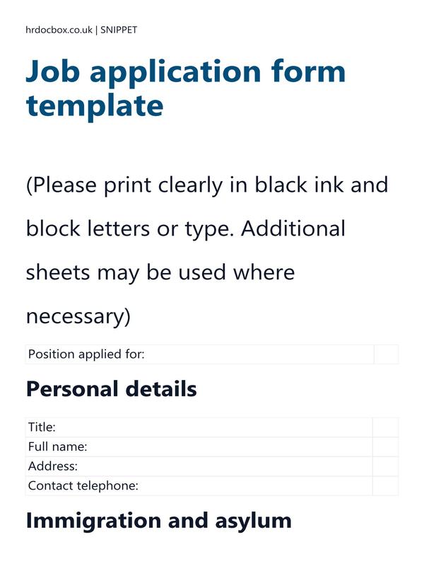 Preview snippet of Job application form template content