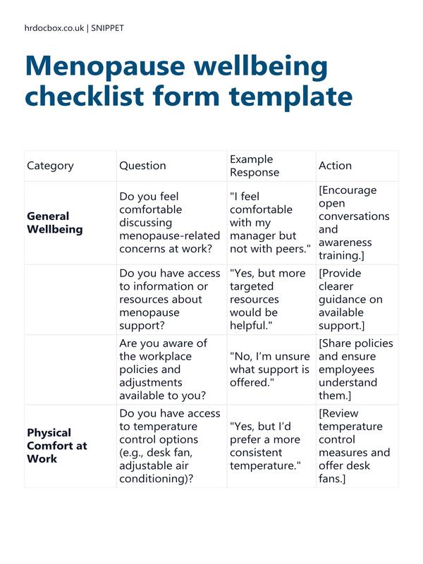 Preview snippet of Menopause wellbeing checklist form template content
