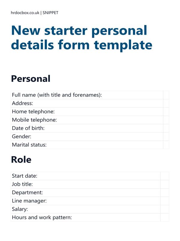 Preview snippet of New starter personal details form template content