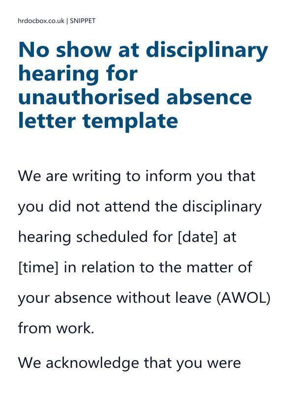 Preview snippet of no show at disciplinary hearing for unauthorised absence letter template content