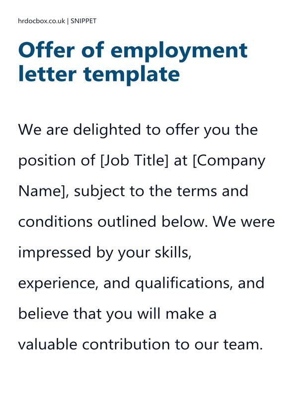 Preview snippet of Offer of employment letter template content