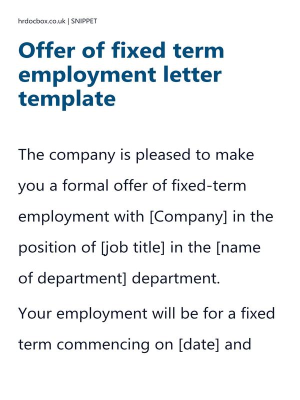 Preview snippet of Offer of fixed term employment letter template content