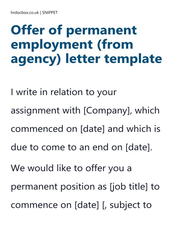 Preview snippet of Offer of permanent employment (from agency) letter template content