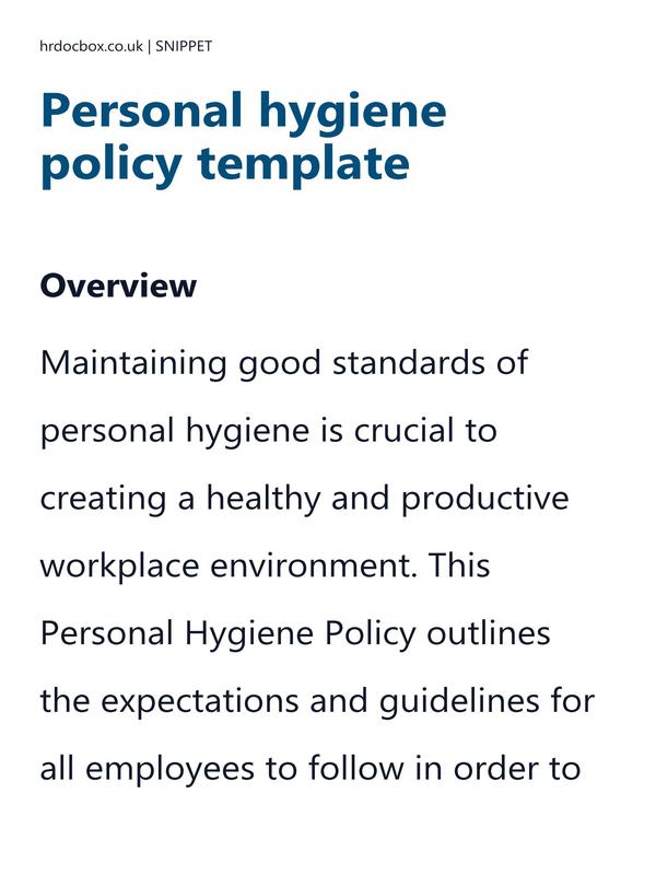 Preview snippet of personal hygiene policy template content