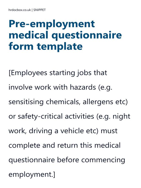 Preview snippet of pre employment medical questionnaire form template content
