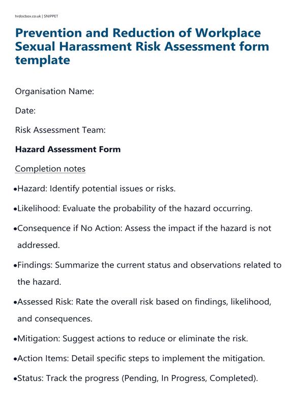 Preview snippet of prevention and reduction of workplace sexual harassment risk assessment form template content