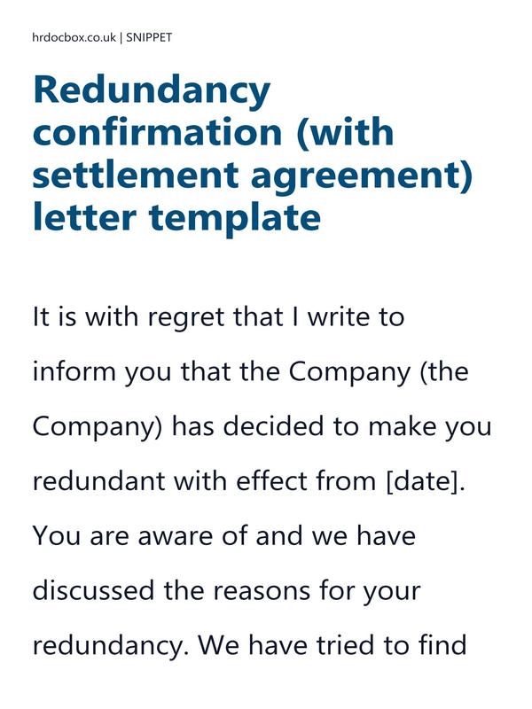 Preview snippet of redundancy confirmation (with settlement agreement) letter template content